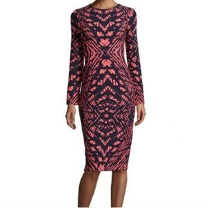 Maggy London Geometric Print Long Sleeve Sheath Dress Pink/Navy Size 2 NWT